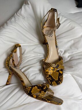 Vince Camuto Yellow Snake-Print Ankle-Strap Heels
